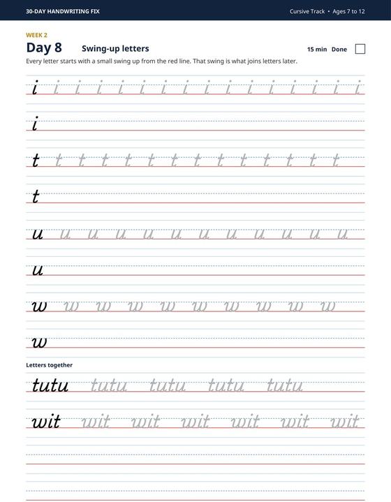 Cursive Track Day 8 swing-up letters practice page