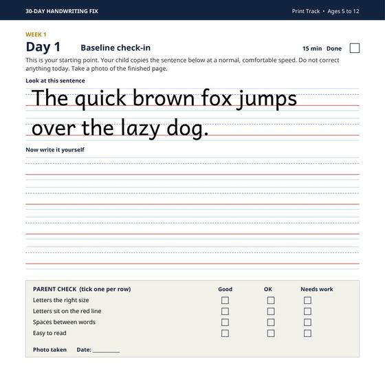 Day 1 baseline check-in worksheet from the Print Workbook