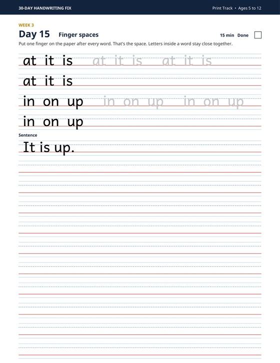 Week 3 finger-space and word spacing practice page