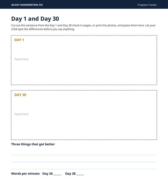 Day 1 and Day 30 comparison page from the Progress Tracker, shown blank as a template