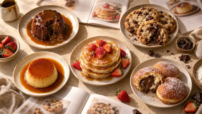 All five desserts laid out on a counter around open cookbook pages.