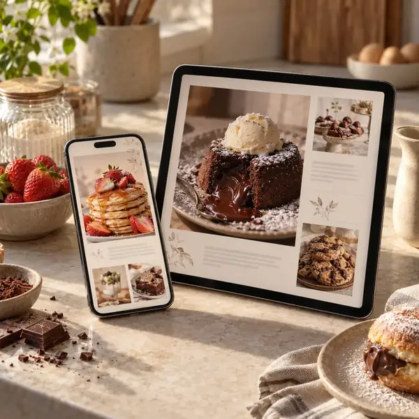 The dessert cookbook open on a phone and a tablet, propped on a kitchen counter.