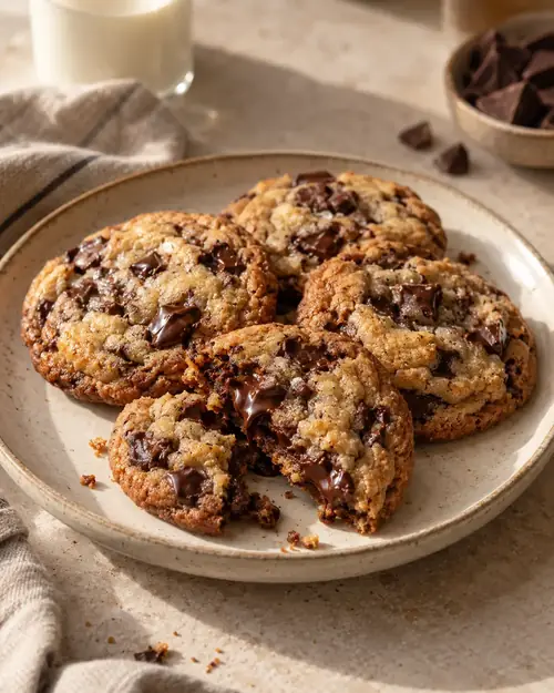 Brown butter chocolate chip cookies stacked on a plate, one broken open to show melted chocolate.