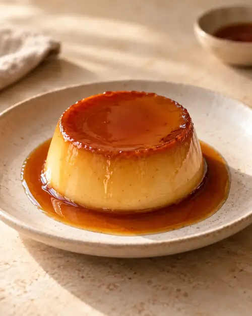 Caramel pudding turned out onto a plate, glossy caramel pooling around the base.