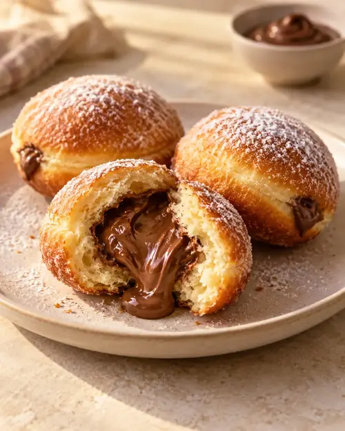 Sugar-dusted Nutella bomboloni, one torn open to reveal a warm hazelnut chocolate centre.
