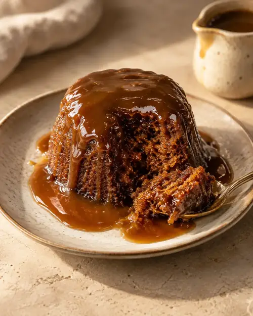 Sticky toffee pudding on a stoneware plate with toffee sauce pouring down the sides.
