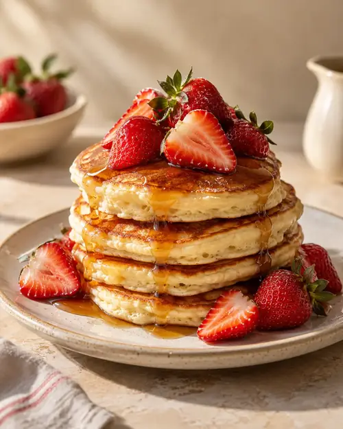 A tall stack of fluffy pancakes topped with fresh strawberries and syrup.
