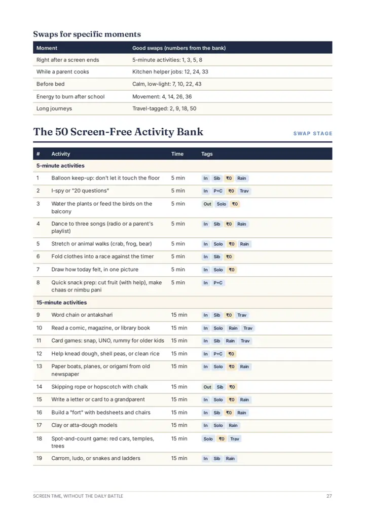 Playbook page listing screen-free activities