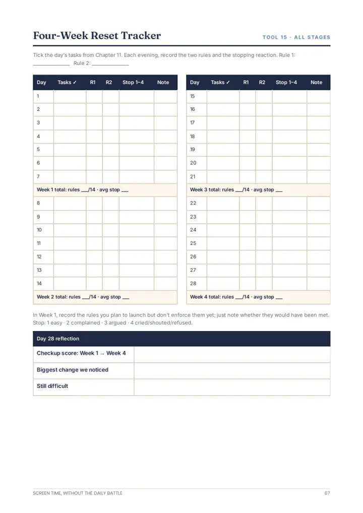 Printable 28-day reset tracker page